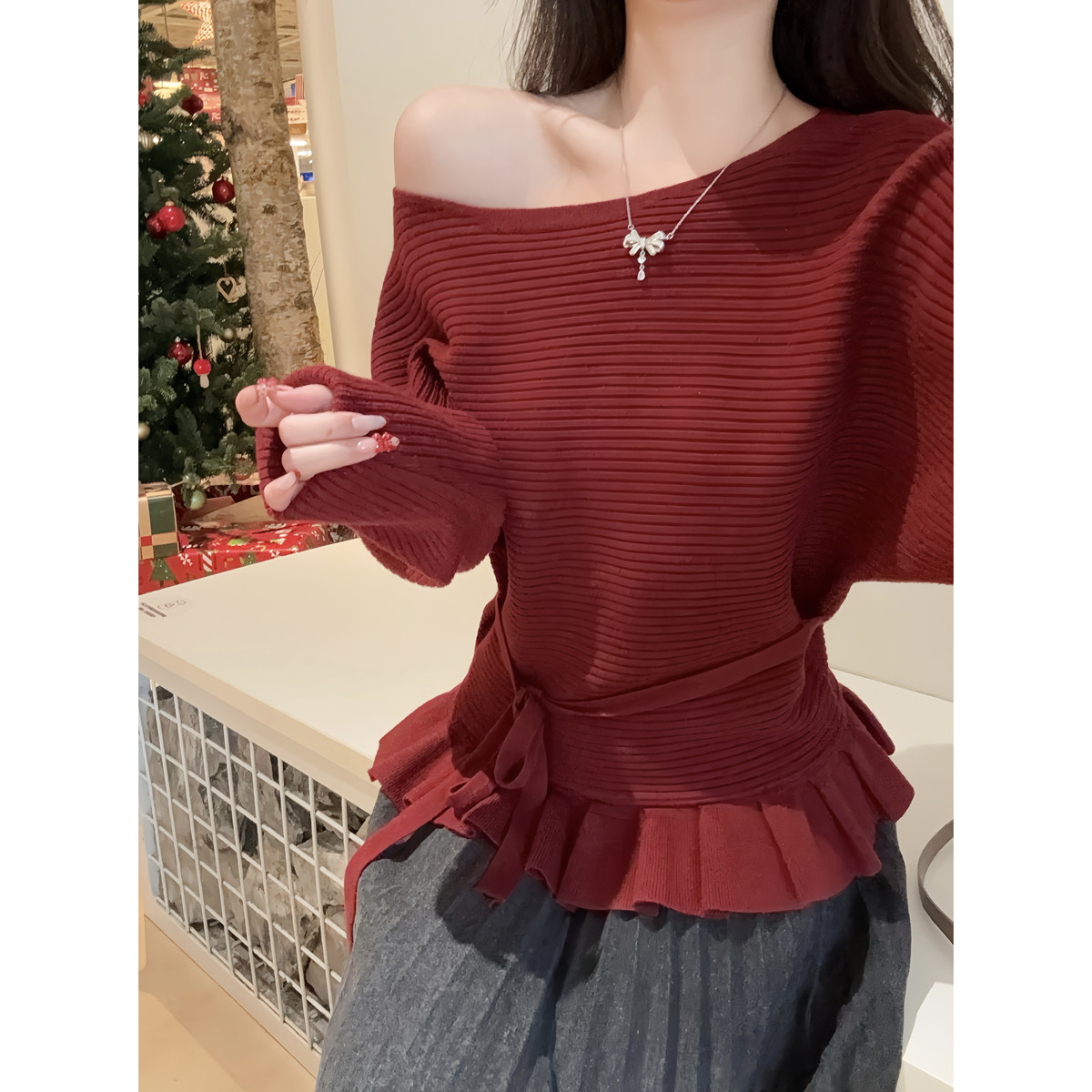 实拍实价 秋冬韩版纯欲斜肩绑带收腰荷叶边安迪绒露肩针织衫毛衣