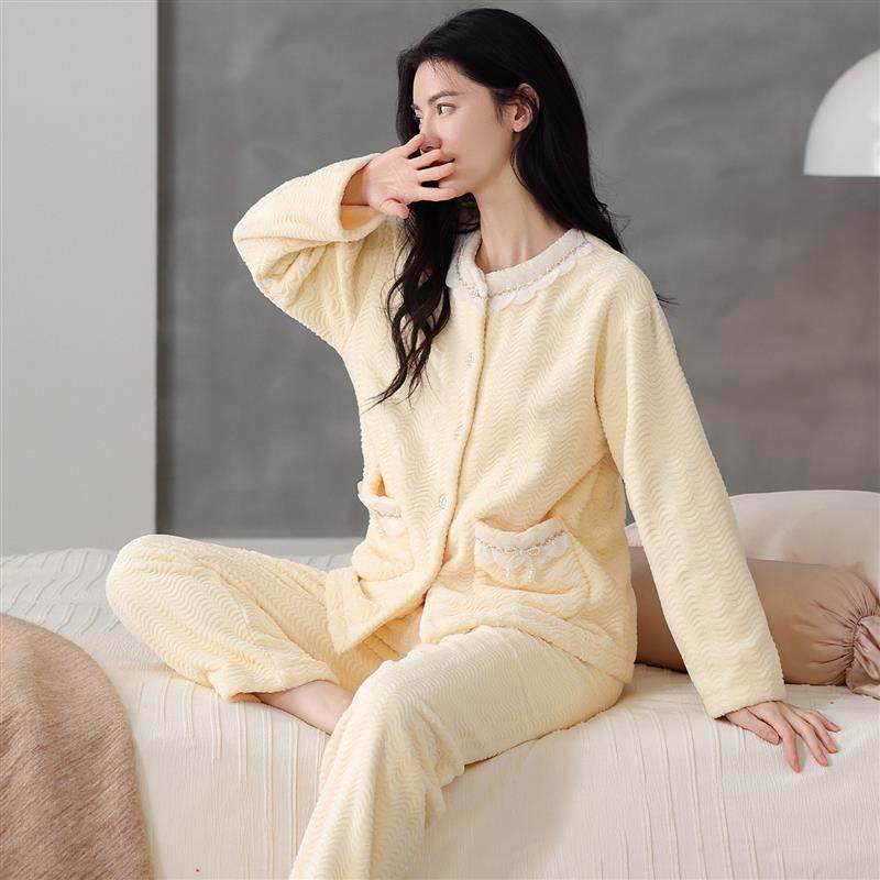 睡衣女冬珊瑚绒高级感时尚开衫冬季保暖法兰绒加厚加绒家居服套装