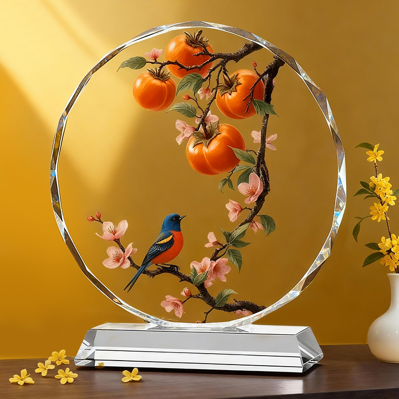 柿柿如意喜鹊水晶摆件家居装饰品开业礼品乔迁送礼桌面摆台工艺品