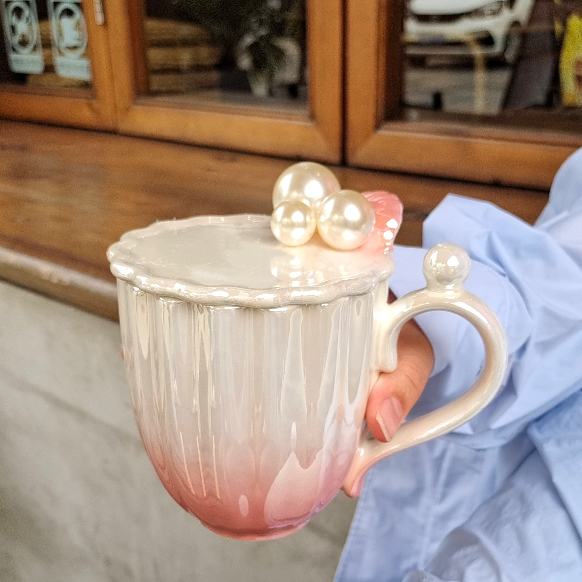 子欢超美珍珠水杯海洋风陶瓷杯女生马克杯咖啡杯珍珠釉贝壳点心杯