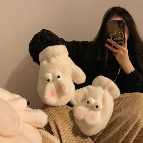 可爱兔子毛绒手套女冬季保暖加绒毛茸茸学生2025新款骑车防风防寒