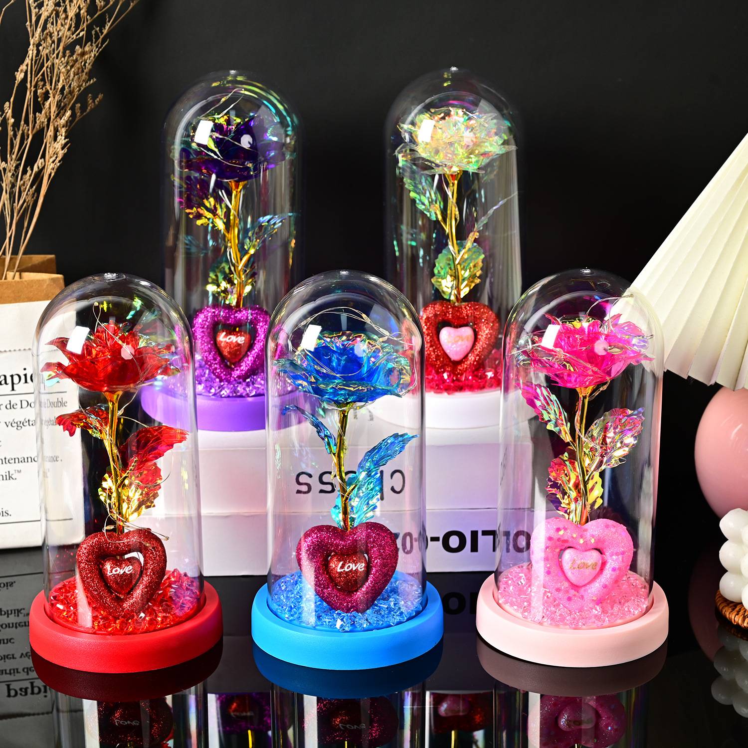 永生玫瑰花玻璃罩情人节礼品生日礼物七彩金箔花彩金仿真永生花