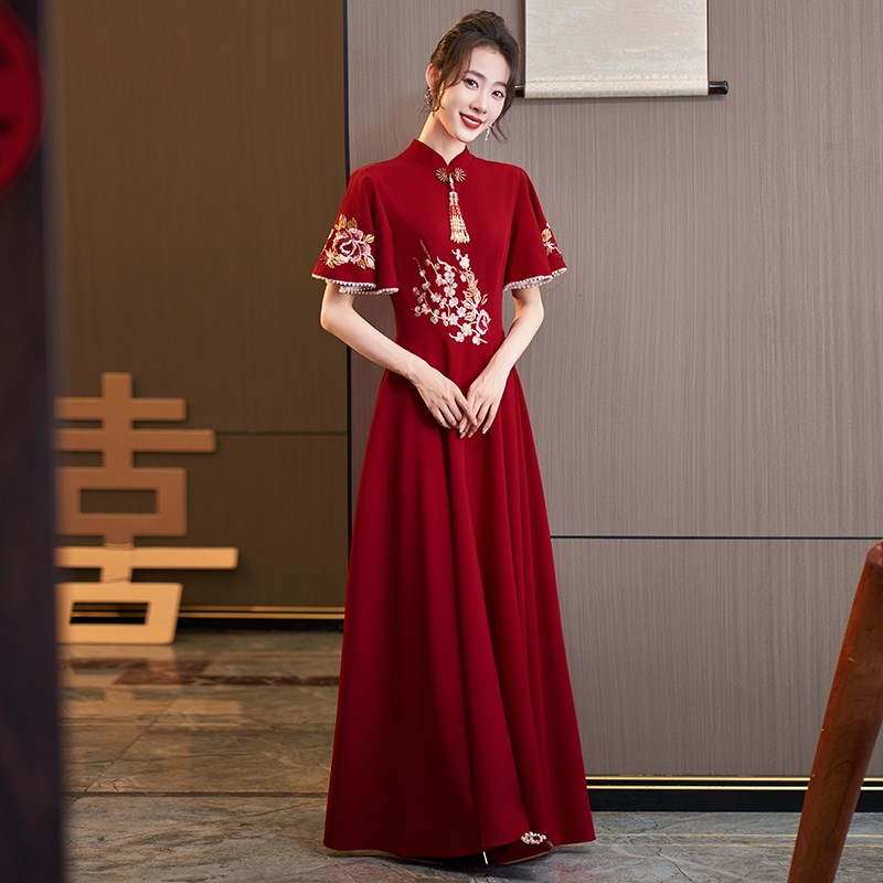 现货速发大码孕妇新中式改良旗袍敬酒服新娘高腰遮肚结婚礼服裙新