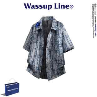 WASSUP Line潮牌休闲短袖衬衫男夏季美式扎染开衫肌理感翻领上衣