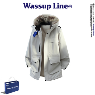 WASSUP Line潮牌工装风连帽毛领冬季羽绒服男中长款户外保暖外套