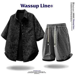 夏季 男款 短袖 衬衫 男两件套 WASSUP 沙滩短裤 Line潮牌涂鸦印花套装