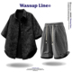 夏季 男款 短袖 衬衫 男两件套 WASSUP 沙滩短裤 Line潮牌涂鸦印花套装