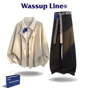 Wassup Line潮牌套装男休闲秋季长袖外套假两件卫衣阔腿裤两件套