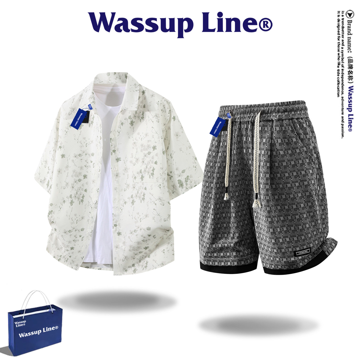 WASSUP Line潮牌时尚沙滩风碎花衬衫短裤套装春季休闲运动两件套