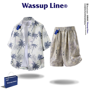 WASSUP Line潮牌时尚休闲套装男夏季短袖衬衫五分裤度假风两件套