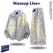 男款 套装 美式 复古扎染衬衫 WASSUP 宽松衬衣外套秋季 Line潮牌长袖