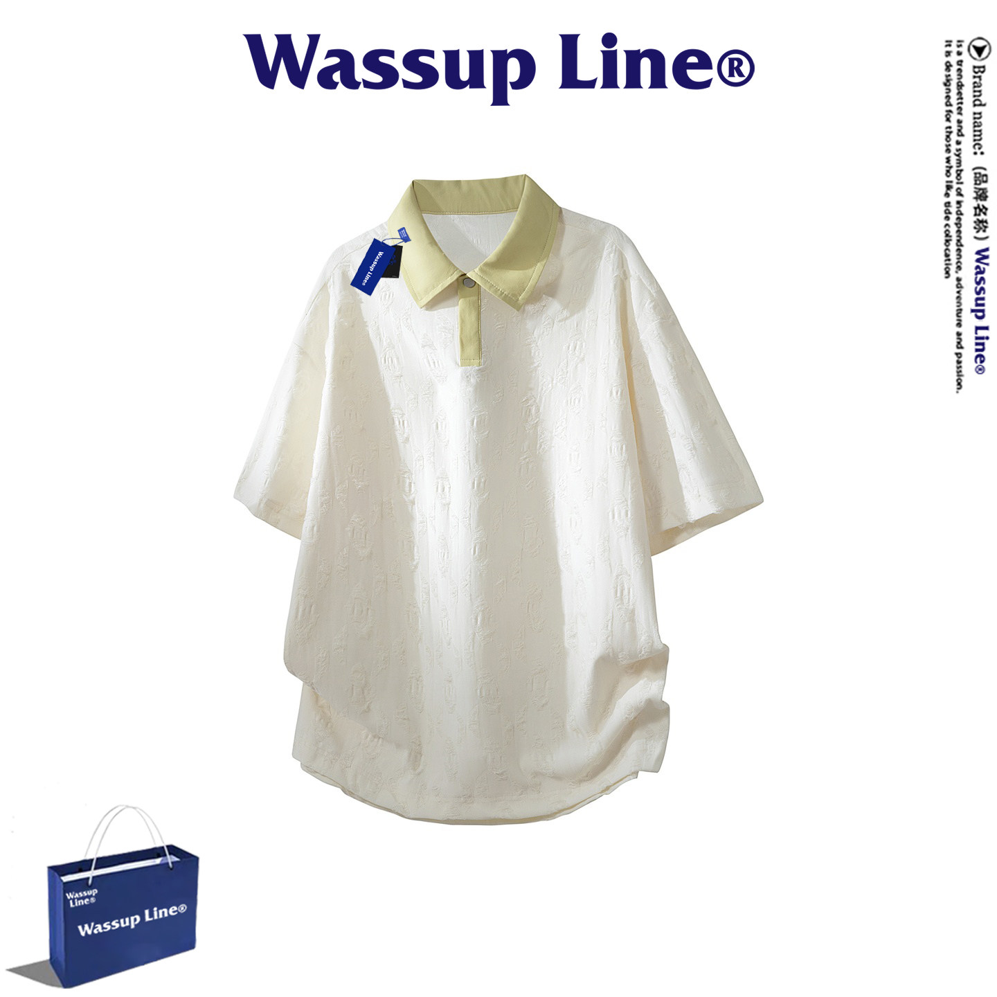 WASSUP Line潮牌休闲短袖T恤男夏季潮流破旧千纸鹤撞色翻领上衣