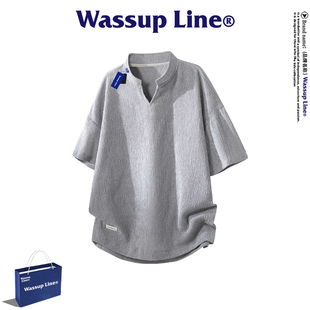 WASSUP Line潮牌休闲短袖T恤男夏季青春流行简约纯色百搭V领上衣