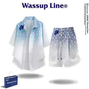 WASSUP Line潮牌时尚百搭套装男夏季短袖衬衫五分裤渐变两件套