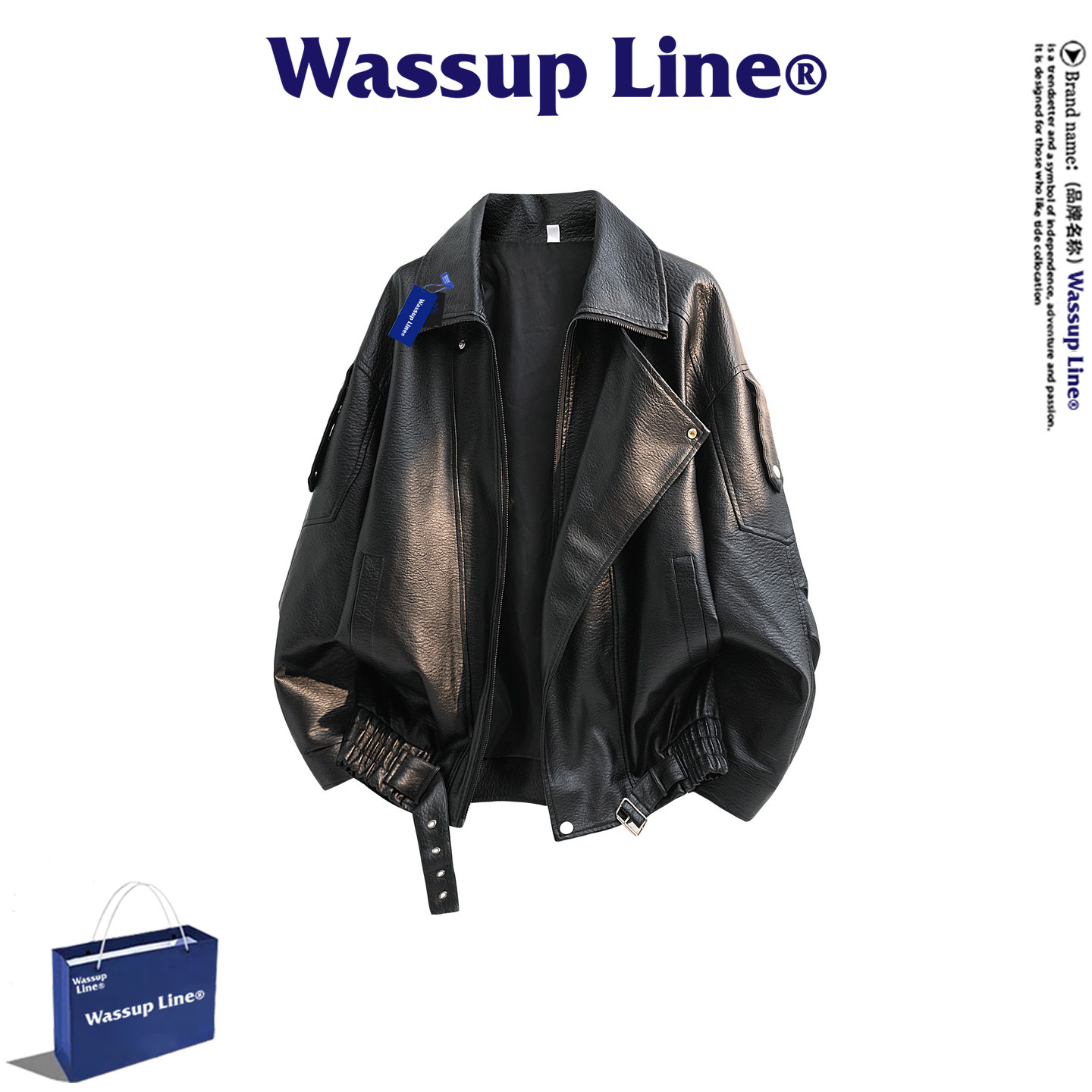 WASSUP Line潮牌休闲百搭夹克男秋季美式复古皮衣加绒翻领外套