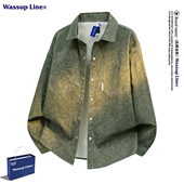 Line潮牌美式 复古长袖 衬衣男款 WASSUP 春秋宽松百搭做旧休闲衬衫