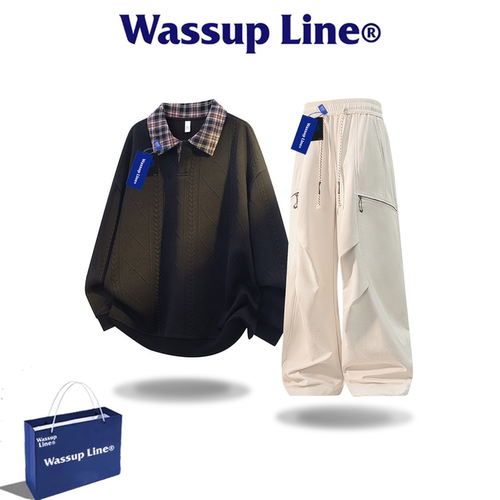 WASSUPLINE潮牌秋翻领卫衣套装