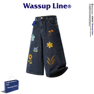 WASSUP Line潮牌休闲牛仔裤男夏季复古花卉刺绣深蓝色过膝七分裤