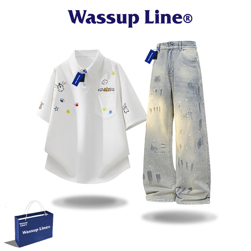 WASSUP Line潮牌痞帅慵懒风刺绣polo短袖T恤男夏季两件套休闲套装