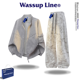 WASSUP Line潮牌夹克套装男款美式加绒加厚外套男冬季宽松两件套