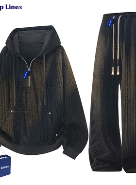 WASSUP Line潮牌男士华夫格连帽卫衣套装春秋宽松休闲运动两件套