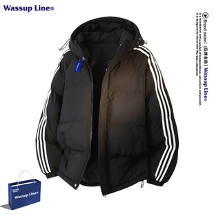 WASSUP Line潮牌美式三条杠连帽棉衣男女冬季宽松百搭面包服外套