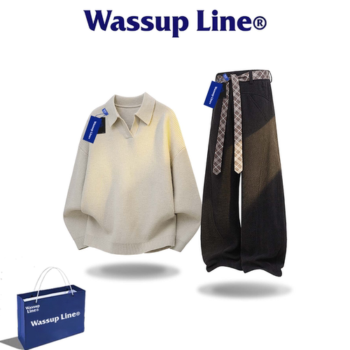 WASSUPLINE潮牌男毛衣阔腿套装