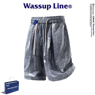WASSUP Line潮牌休闲五分裤男夏季潮流破洞牛仔印花透气舒适短裤