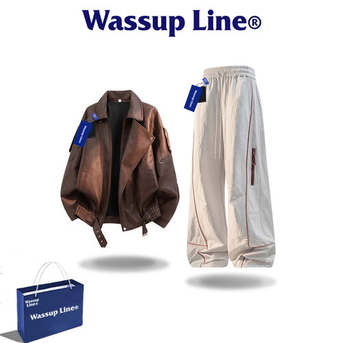 WASSUPLine潮牌皮夹克阔腿裤套