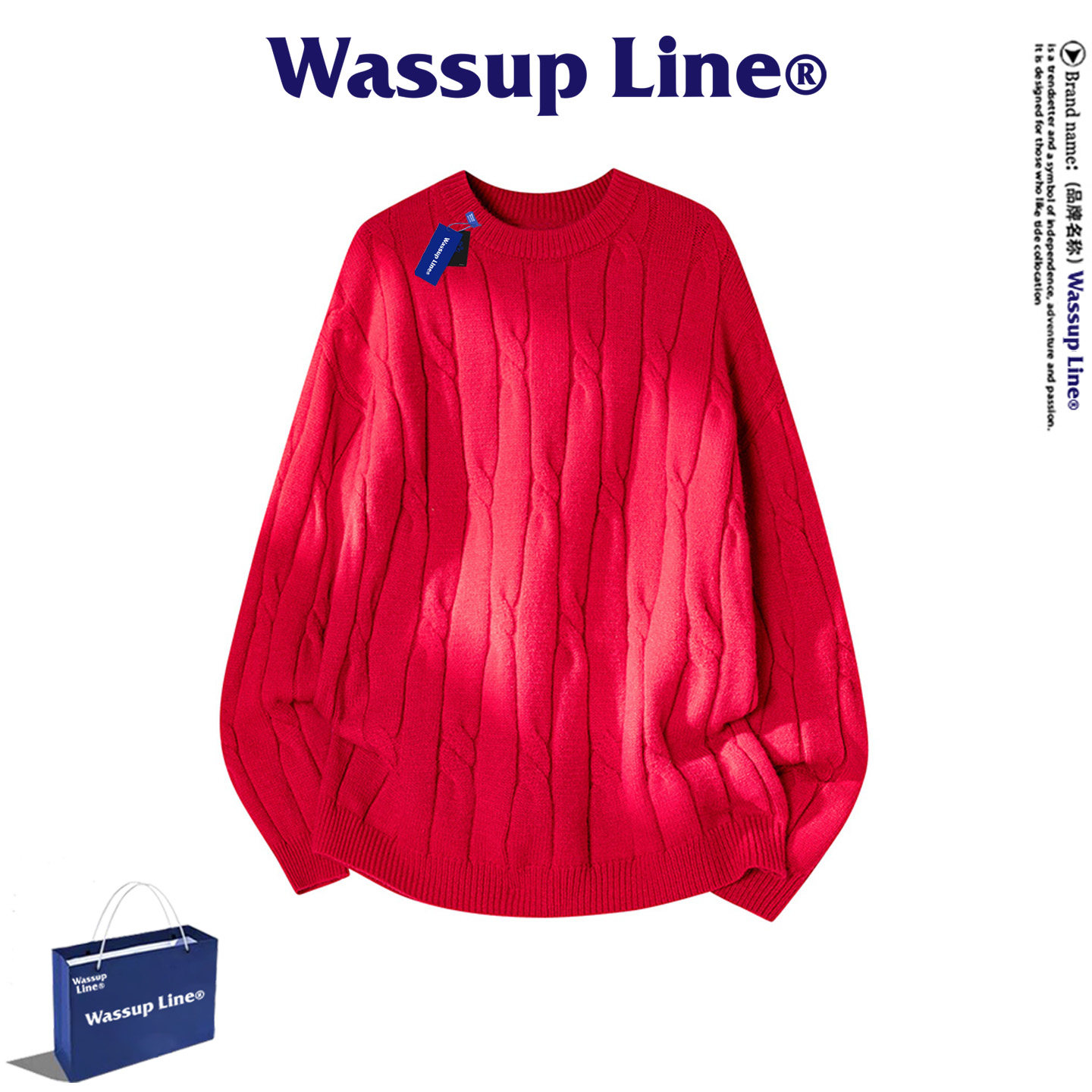 WASSUP Line潮牌休闲宽松毛衣男春季麻花纹针织衫圆领套头上衣