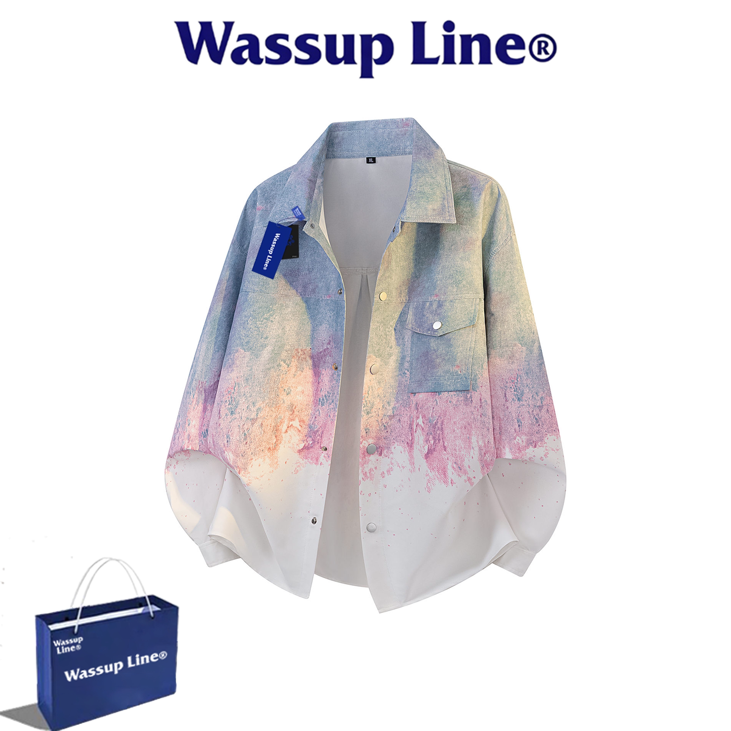 WASSUP Line潮牌美式复古扎染渐变翻领夹克男款宽松百搭潮流外套