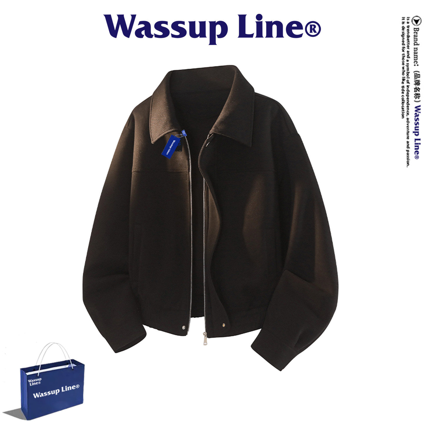 WASSUP Line潮牌百搭卫衣开衫男秋冬季简约宽松运动翻领拉链外套