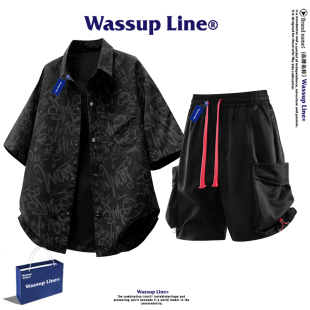 WASSUP Line潮牌度假风印花夏季短袖衬衫短裤两件套宽松休闲套装