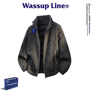 WASSUP Line潮牌皮衣羽绒服男冬季90白鸭绒美式复古保暖立领外套