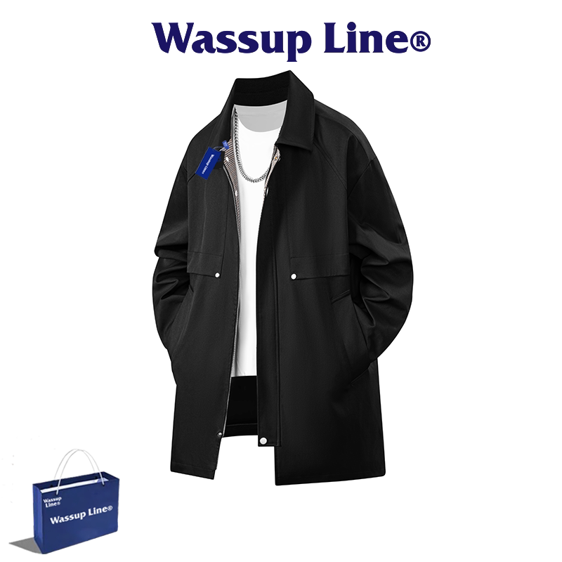 Wassup Line潮牌秋冬男中长款风衣外套时尚酷风宽松休闲翻领夹克