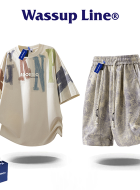 WASSUP Line潮牌套装男款美式短袖t恤男夏季冰丝宽松百搭半袖上衣
