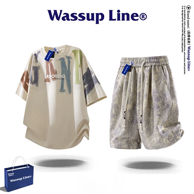 WASSUP Line潮牌套装男款美式短袖t恤男夏季冰丝宽松百搭半袖上衣