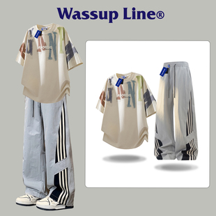 Wassup Line潮牌套装男款运动短袖t恤男士夏季阔腿裤长裤两件套男