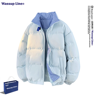 冬季 格纹立领棉衣男女款 加厚保暖面包服外套 Line潮牌美式 WASSUP