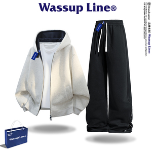 Wassup Line潮牌运动套装男款连帽开衫男士卫衣春秋季重磅外套男