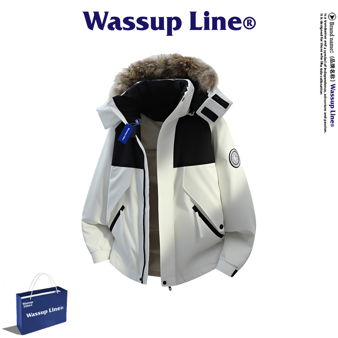 WASSUP Line潮牌美式户外风大毛领羽绒服男款连帽加厚保暖外套