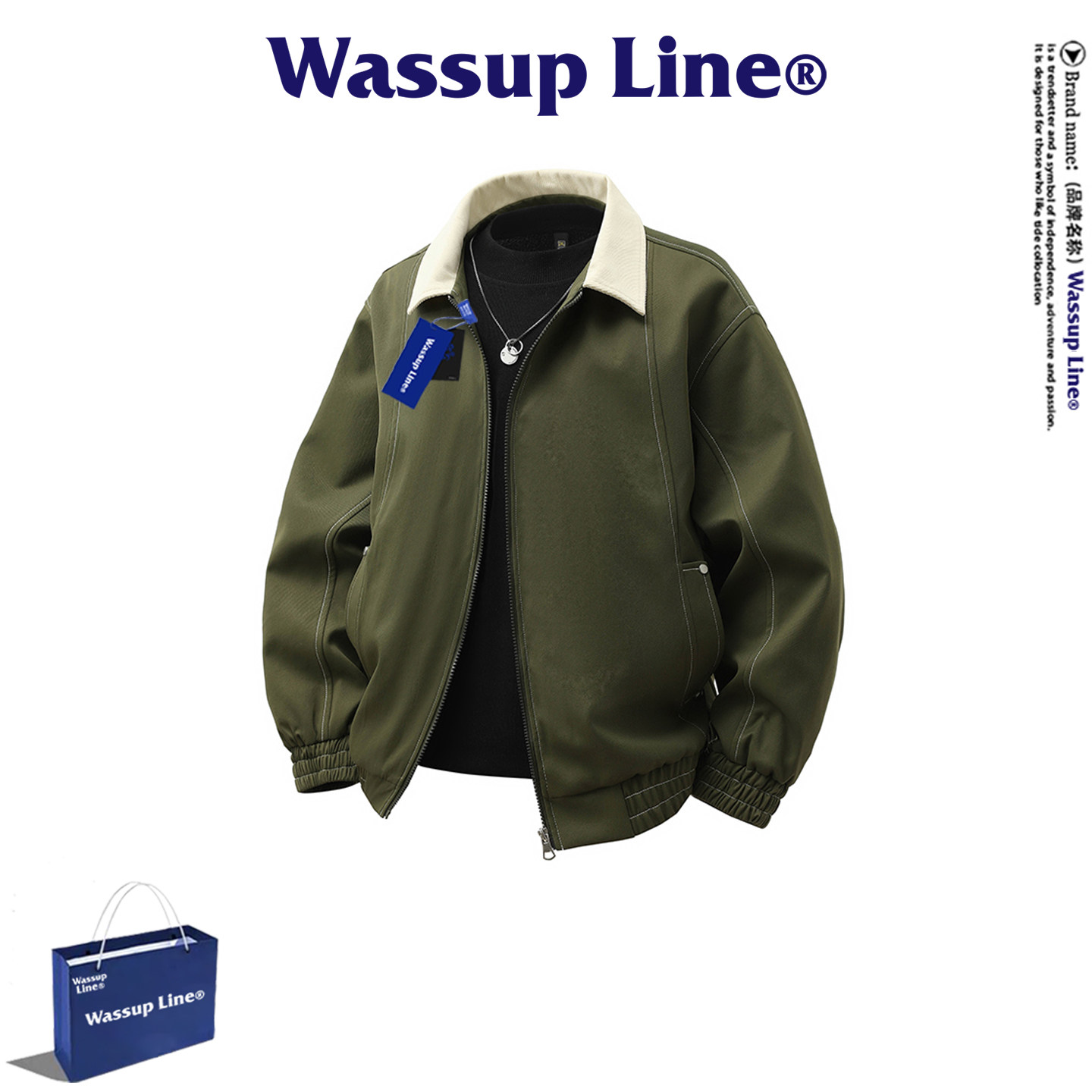 WASSUP Line潮牌经典美式复古风翻领夹克男宽松春秋季工装风外套,男装,夹克,淘宝优惠券,粉丝福利购,淘宝优惠卷