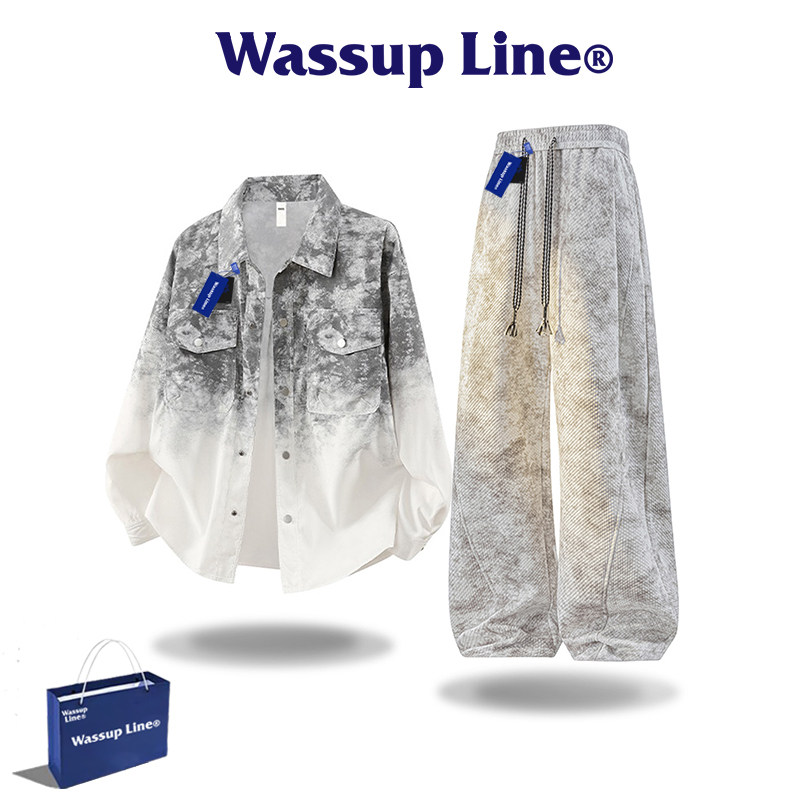 Wassup Line潮牌慵懒风痞帅扎染长袖衬衫套装男款时尚秋季两件套