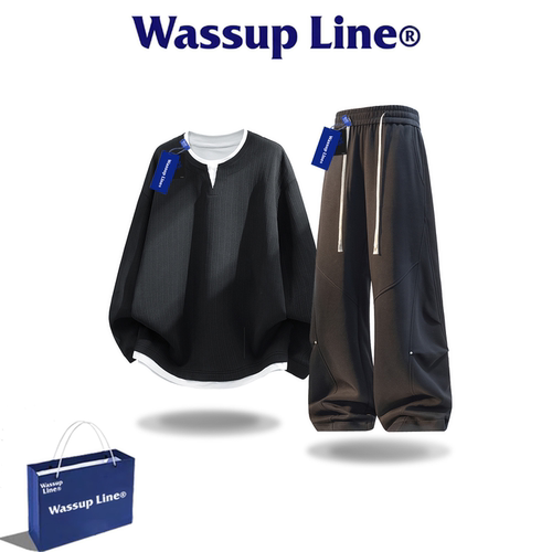 WASSUPLINE潮牌假两件卫衣套装