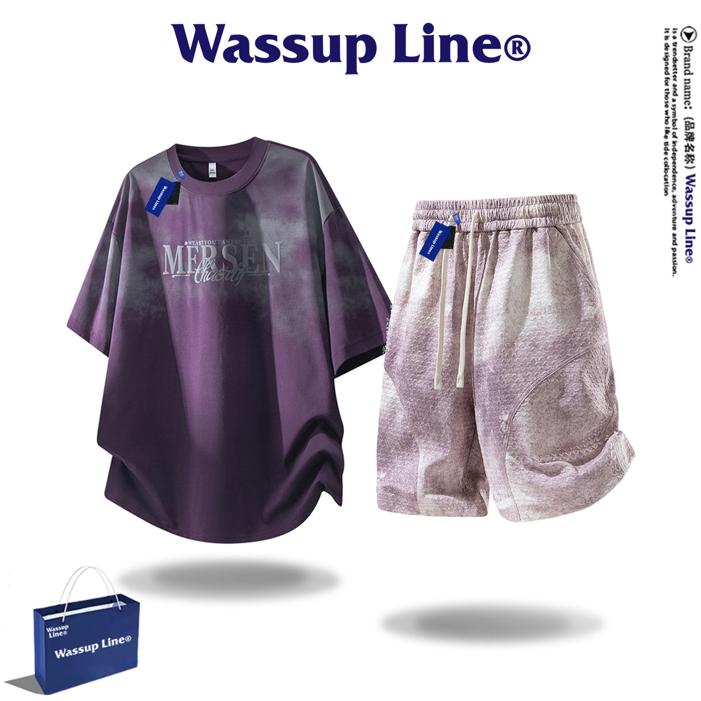 WASSUP Line潮牌休闲个性套装男夏季印花短袖T恤扎染五分裤两件套