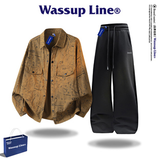Line潮牌长袖 衬衣秋季 衬衫 男款 宽松休闲运动两件套男 套装 Wassup