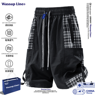 WASSUP Line潮牌格子拼接五分裤夏季男款宽松百搭设计感工装短裤
