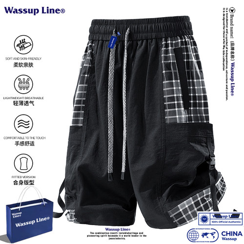 WASSUPLine潮牌格子拼接短裤男