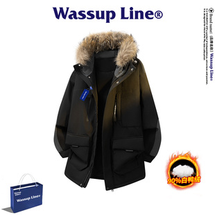 WASSUP Line潮牌工装羽绒服男冬季90白鸭绒可脱卸帽毛中长款外套