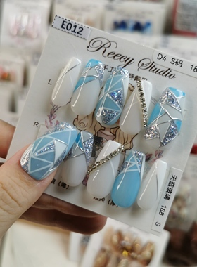 【Reecy手工穿戴甲】 E012 透蓝色几何线条玻璃花窗手工穿戴甲